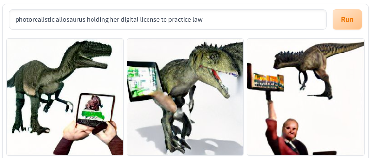 DALL-E generated image of a photoreleastic allosaurus holding her digital licence to practice law